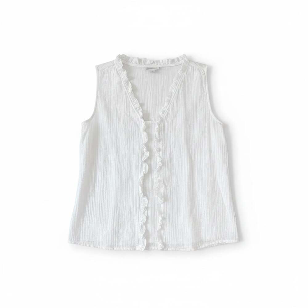 Liz Claiborne White Ruffle Sleeveless Cotton Gauze Blouse Size M